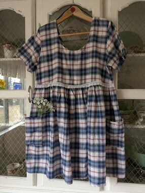 VTG 1990s Plaid Flannel Baby Doll Cotton Women's Dress Cute Blue White